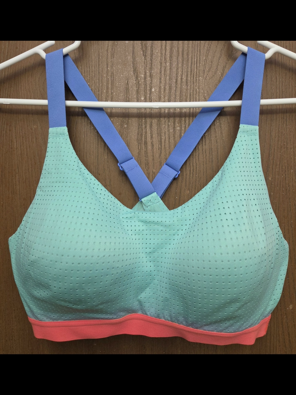 Mint Perforated Sports Bra with Coral Band and Blue Straps
